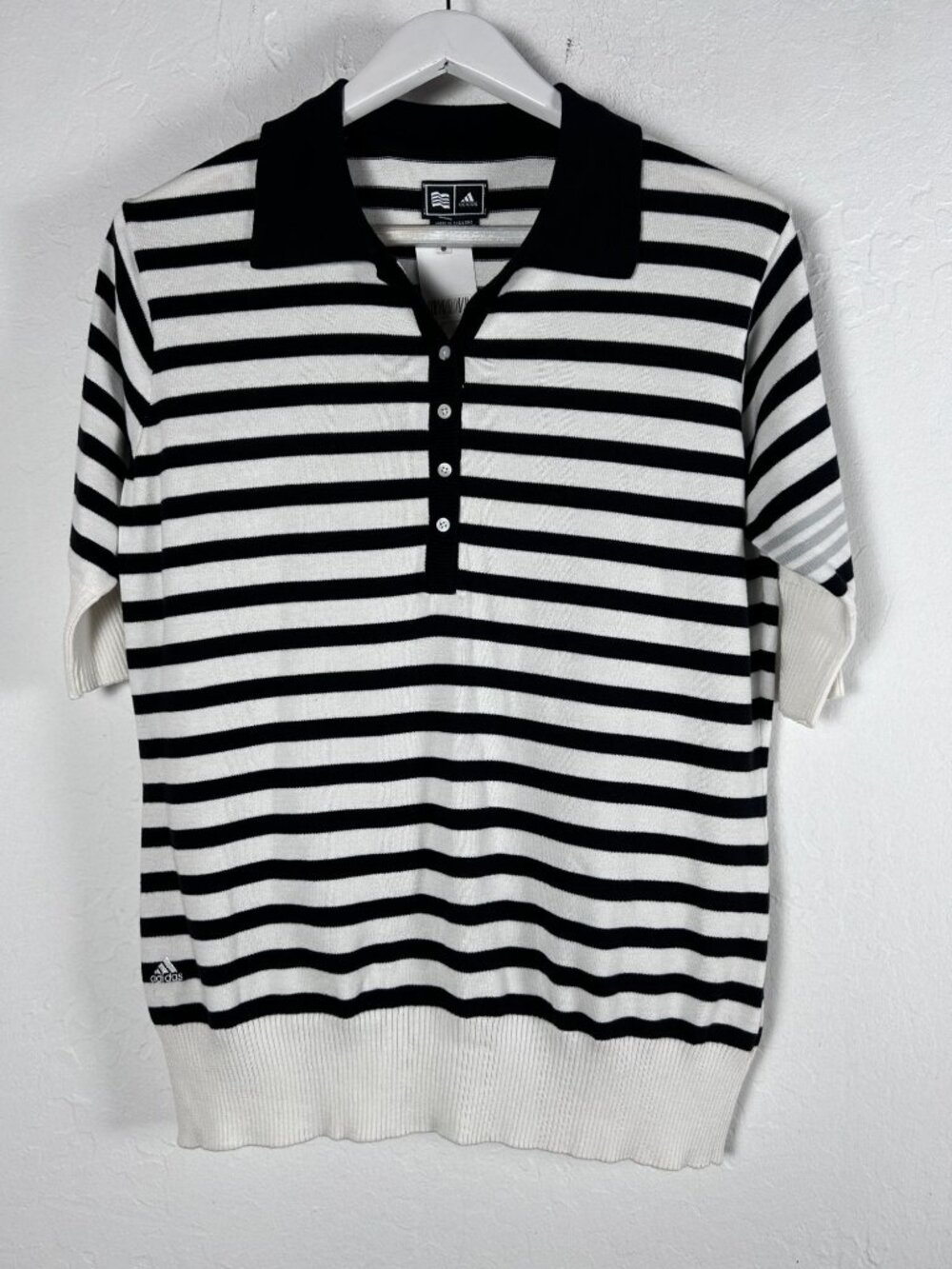 Adidas Womens Black White Striped Cotton Knit Short-Sleeve Polo Shirt XL New $69